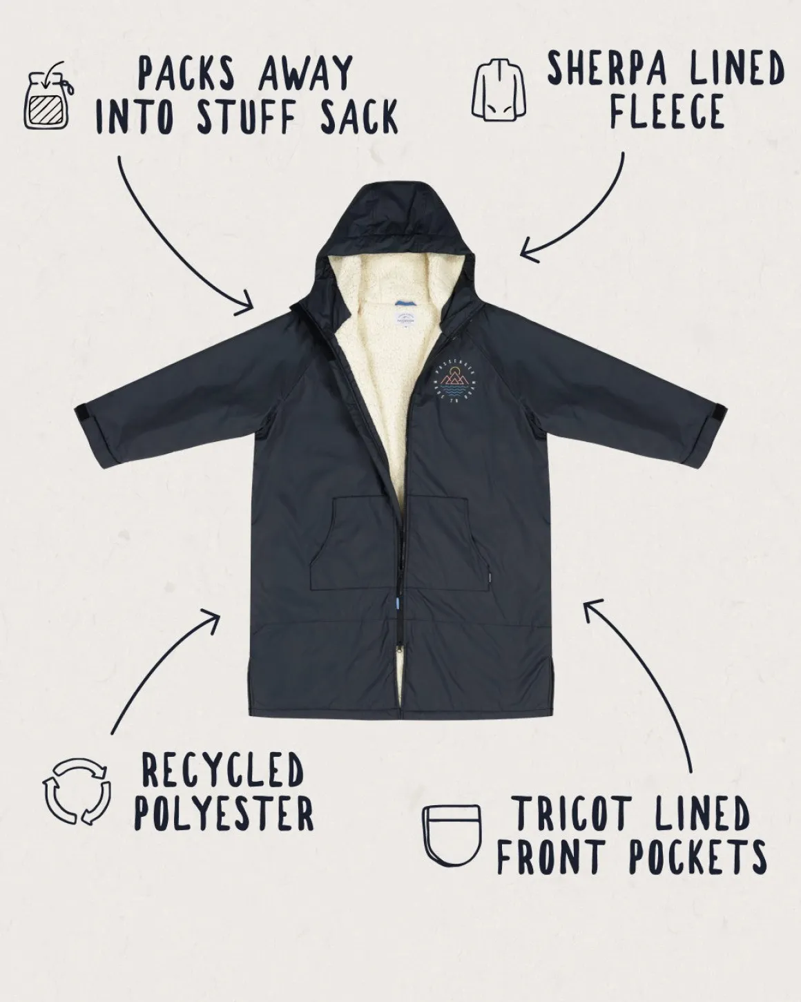 Poncho de surf doublé en sherpa recyclé Escapism - Noir
