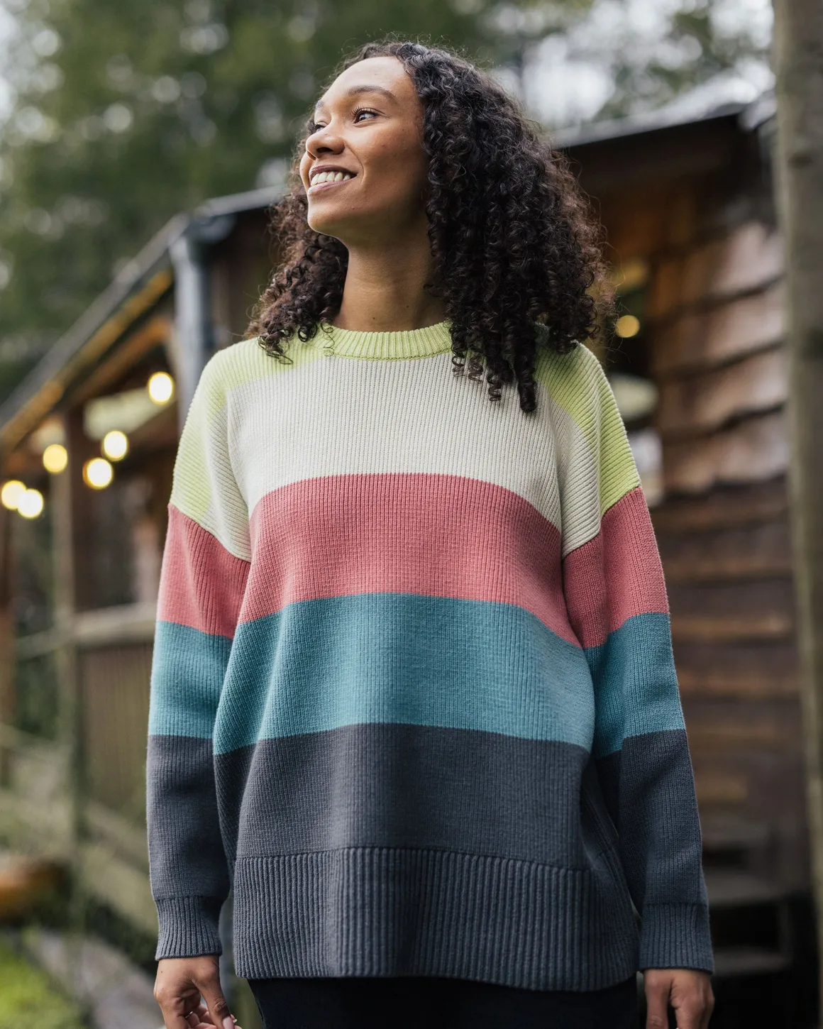 Pull Moments Oversized Organic Knitted Jumper - Lime Multi Stripe