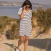 Robe T-shirt surdimensionnée en coton recyclé Olive - Rayure Marine
