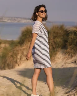 Robe T-shirt surdimensionnée en coton recyclé Olive - Rayure Marine