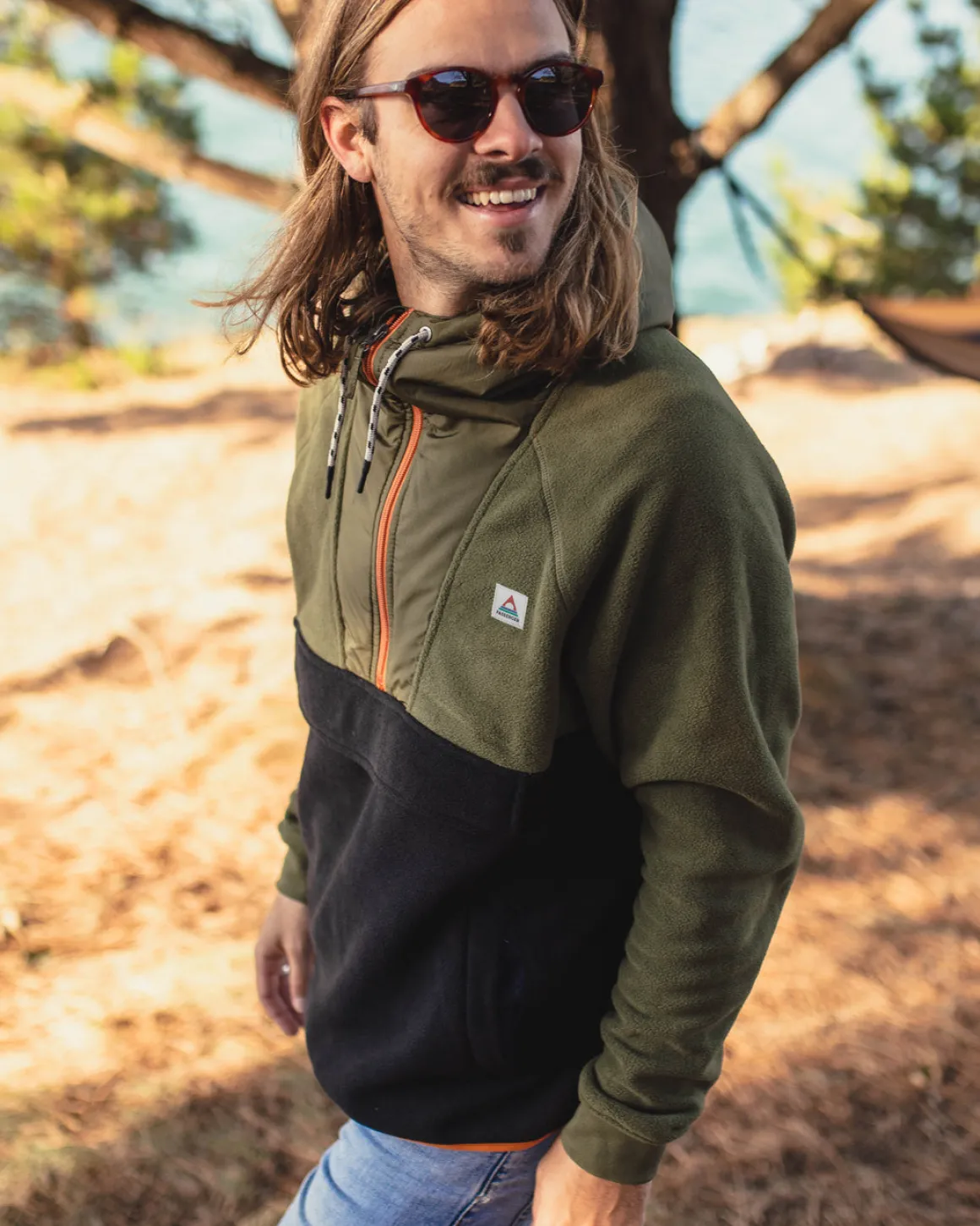 Sweat à capuche Woodland 1/2 zip en polaire recyclée - True Black/ Khaki